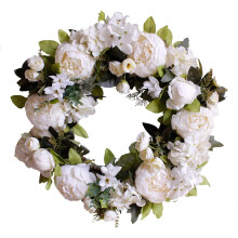 Silk Peony & Hydrangea Wreath, Elegant Floral Decor for Front Door, Lifelike Silk Cloth Flowers in White, Handmade for Year-Round Indoor Outdoor Adorn