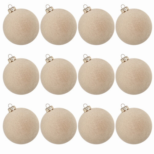 12 Pieces 6cm Flocking Christmas Decorations-Pure beige