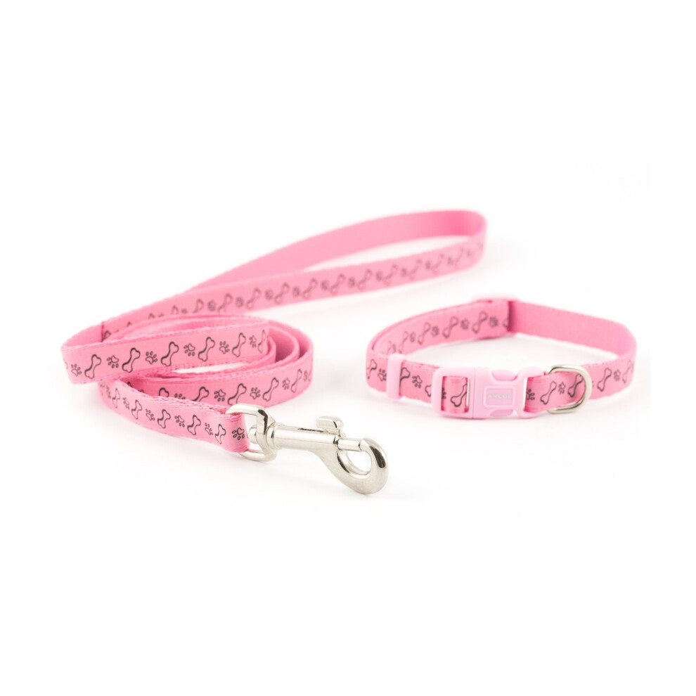 Ancol Small Bite Collar & Lead Set Reflective Paw & Bone Pink