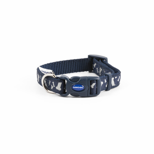Ancol Indulgence Nylon Adjustable Collar Paw N Bone Blue 20-30cm Sz 1-2
