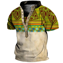 Men's V Neck Button Down Henley Shirt with Flags Print, Short Sleeve Muscle Tee for Gym and Streetwear, Regular Fit Summer Top