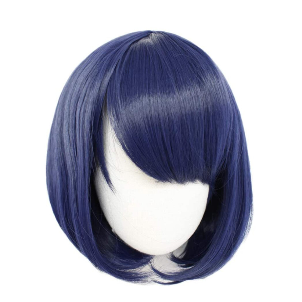 Blue Cosplay Wig with Bangs Short Natural Wavy Bob Hair Cap for Girls Japanese Anime Costume Accessories