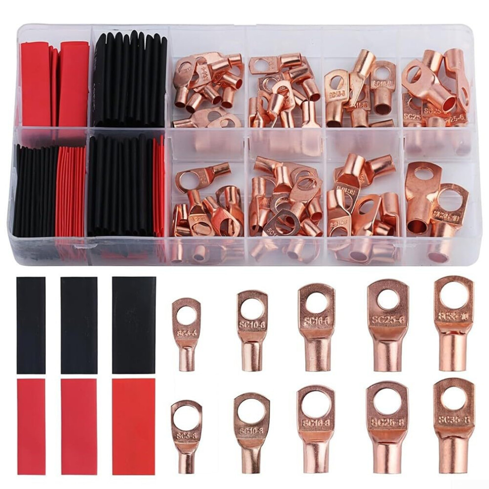 Electrical Connection Set, 70 Thickened Copper Lugs And 80 Heat Shrink Tubes For Home And Marine Use. 9365049086691