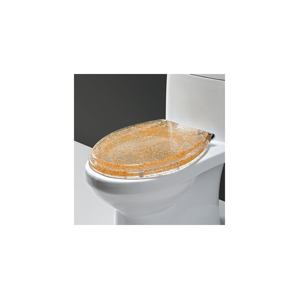 Glitter Resin Toilet Seat Elongated Soft Close Quick Release Heavy Duty Gold Foil Cover 9174973338789