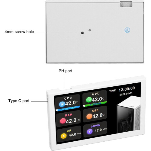 IPS USB Mini Screen 5 Inch with PC Temperature Display, HD IPS Display, Easy Connection for PC Data Monitor, Adjustable Settings WHITE 1