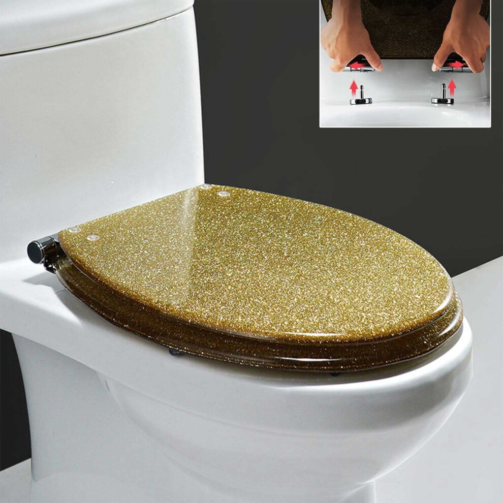 Elongated Toilet Seat Glitter Resin Soft Close Quick Release 360Degree Hinges Bottomfix Easy Install Oval Gold 9174973493174