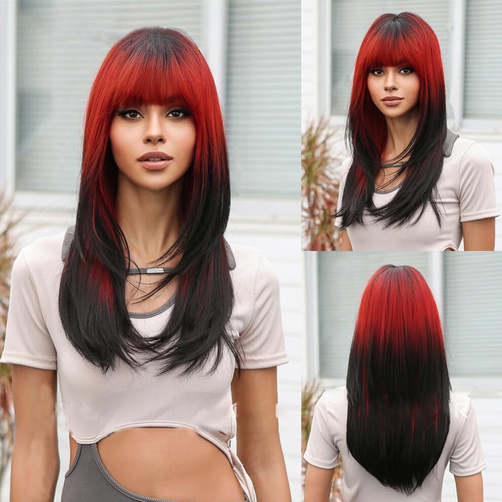 Long Straight Ombre Red to Black Wigs with Bangs 22Inch Layered Wig Black Roots HeatResistant Hair For Cosplay