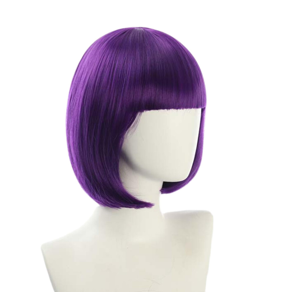 Short Bob Wigs With Bangs Purple Straight Bob Wig 12 Inch Synthetic Wig Heat Resistant Fiber For Halloween Party Cosplay