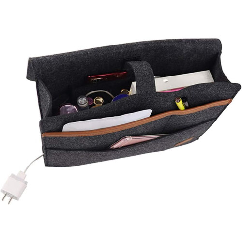 Chic Bedside Caddy, Durable Quality Storage Organizer, Handy Pockets with Cable Hole for Bedside, Sofa, Dorms (Black) 2