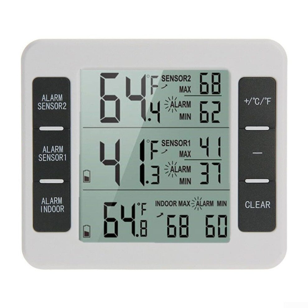 Wireless Freezer Thermometer with Audible Alarm, Dual Indoor Outdoor Sensors, Magnetic LCD Display