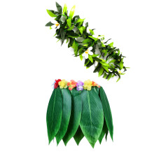 6Pcs Green Hawaii Hula Skirts with Cloth Flowers Adjustable Waistband