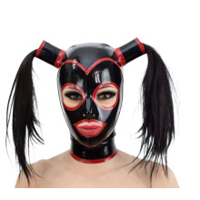 Sexy Latex Fetish Hood Mask Open Eyes Mouth With Hairpiece Wig Back Zipper XL Size Black Red Color