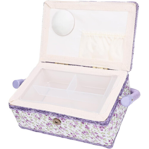 Needlework Basket Sewing Organizer With Rotating Handle Double Layer Design Fabric Sewing Kit Holder Floral Print 2