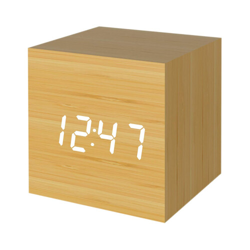 Eco-Friendly Wooden Texture Alarm Clock, Modern Cube Design With White Led Display