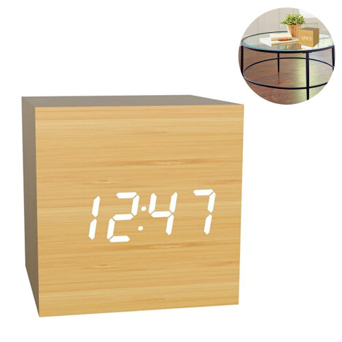 Eco-Friendly Wooden Texture Alarm Clock, Modern Cube Design With White Led Display 1