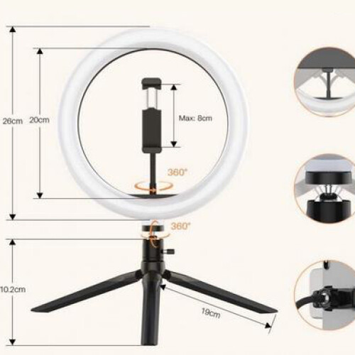 Ring Light com suporte giratório de 360 graus, iluminação LED de 10 polegadas com intensidade ajustável para uso em mesa, controle remoto 1