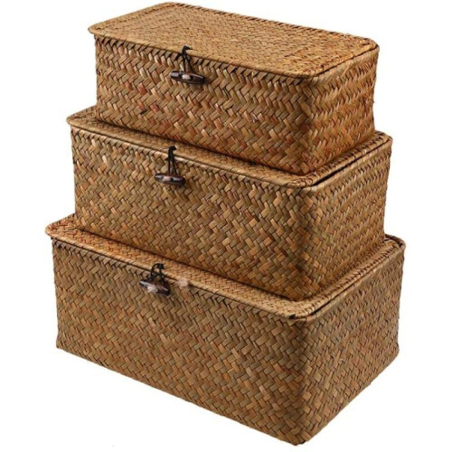 Stackable Wicker Baskets, Handwoven Seagrass Organizer, Earth Tone Color Scheme For Rustic Home Decor