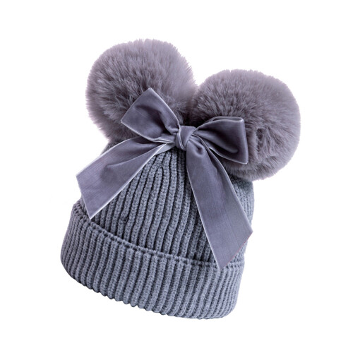3Stk Weiche Kinder Wintermütze Grau Mit Bommel Schleifendekor