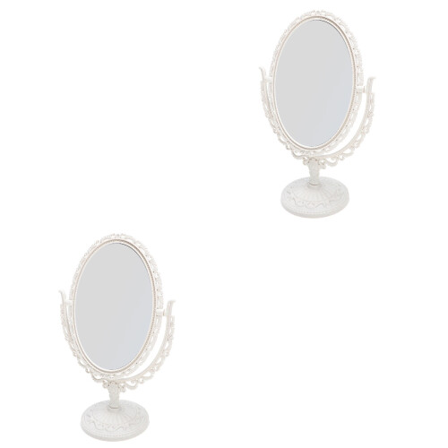 2Pcs Simple Vintage Oval Makeup Mirror Stable Beige Desktop Mirror 2