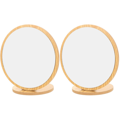 2Pcs Wooden Desktop Makeup Mirror Khaki Foldable Vanity Mirror 1