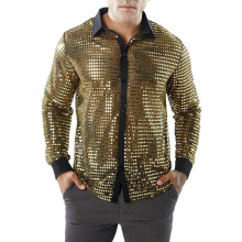 80s Outfit Men's Glitter Long Sleeve Shirt Sequin Dress Shirt ButtonDown Gold XL Slim Fit