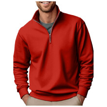 Men's Half Zip Pullover Without Hood Solid Red Work Jumper Oversize Winter Sports Sweater Size L