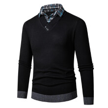 Men's 2 in 1 Shirt Collar Pullover Long Sleeve Fleece Lined Jumper Slim Fit Black Casual Business Sweater XL