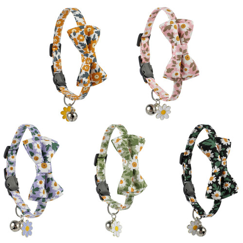 Flower Printed Cat Collar Bowknot Decors Adjustable-Black 1