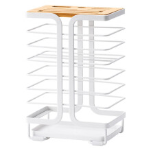 Kitchen Knife Holder and Utensil Organizer with Drain Board, Compact Countertop Bamboo Metal Design