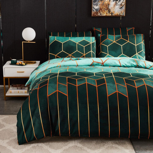 Marbled Stripes Geometric Bedding, Gold Accents Plush Look for a Modern Style, 2-Piece Microfiber Material Queen Size Set, Hexagonal Pattern Gradient 1