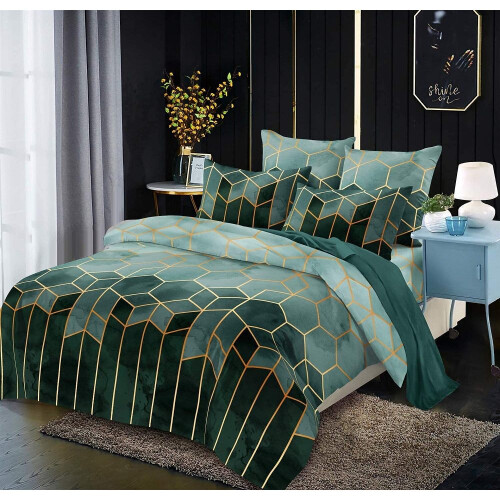 Marbled Stripes Geometric Bedding, Gold Accents Plush Look for a Modern Style, 2-Piece Microfiber Material Queen Size Set, Hexagonal Pattern Gradient