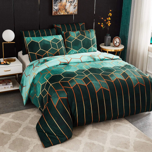 Marbled Stripes Geometric Bedding, Gold Accents Plush Look for a Modern Style, 2-Piece Microfiber Material Queen Size Set, Hexagonal Pattern Gradient 2