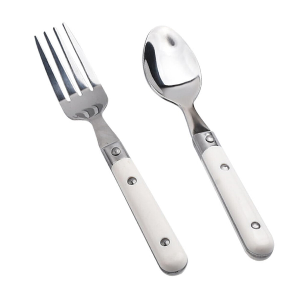 2Pcs Fork And Spoon With Handles Stainless Steel Tableware For Independent Feeding And Hand Eye Coordination Development Ivory