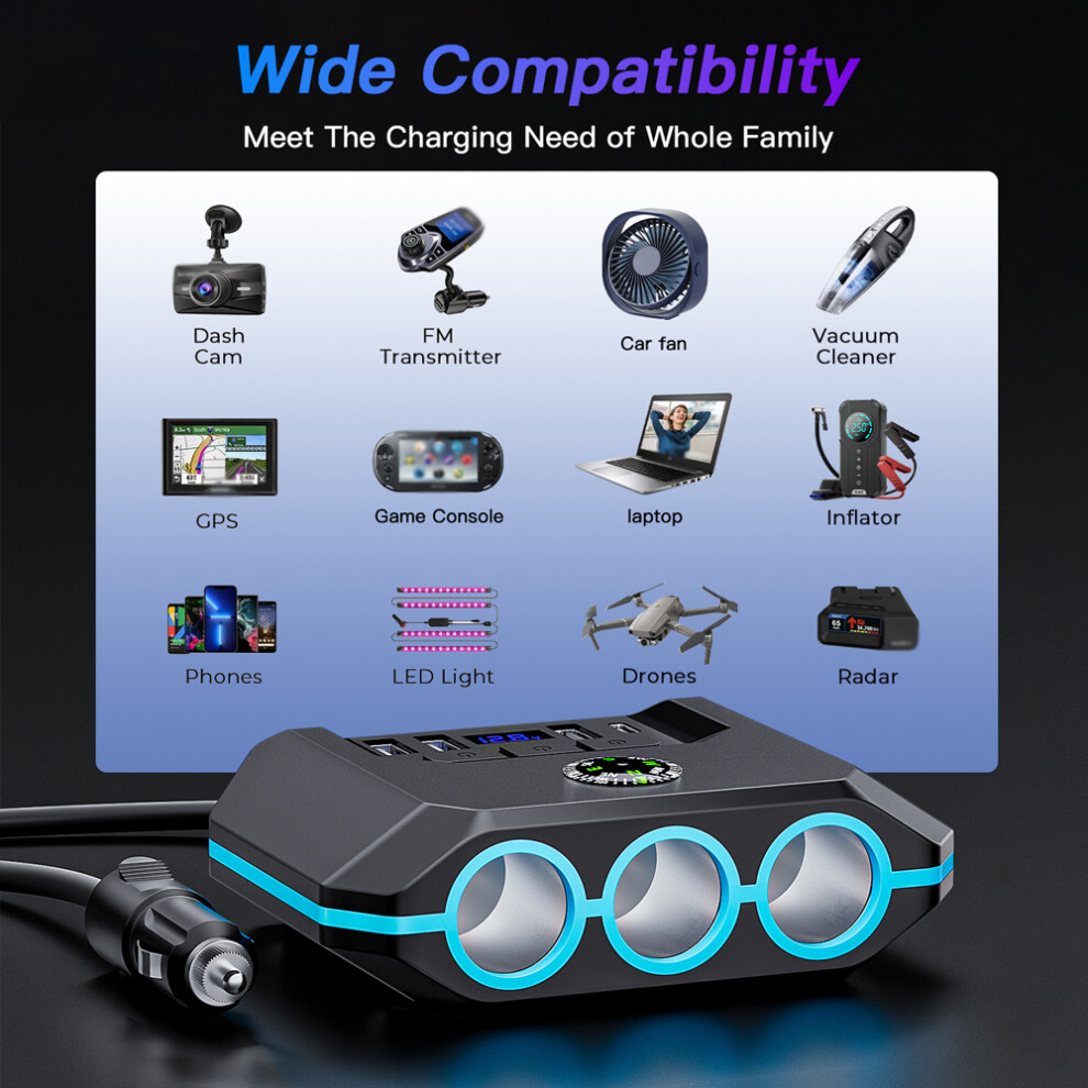 120W Car Charger Adapter With 3 Sockets, 4 Usb Ports & Voltage Display 3061368892994