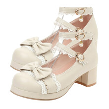 1Para Lolita Shoes Damskie Z Wysokiej Jakości Skóry Beżowe Z Kokardką