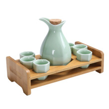 Japanese Ceramic Sake Set with Cups, 7 Piece Hot and Cold Gift Set with Carafe, Green