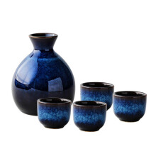 5PCS Japanese Ceramic Sake Set with 12oz Bottle and Navy Blue Cups for Home Decor and Gift