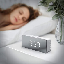 Bedside Desk Clock, Large White Numbers And Mirrored Display, Clear Alarm Tone With Adjustable Night Mode, For Living Room And Bedroom Decor (Silver)