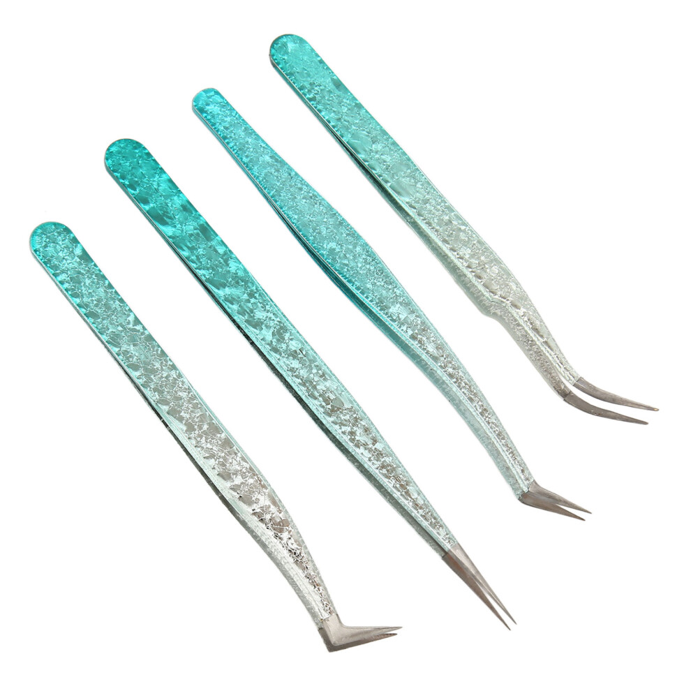 4PCS False Eyelash Extension Tweezer Set, Stainless Steel & Plastic, Straight & Curved Tips