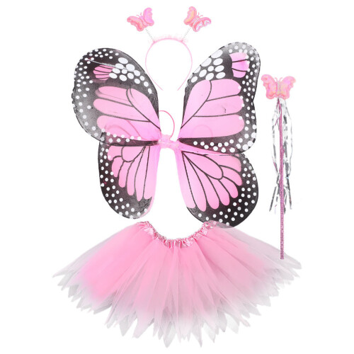3Sets Schmetterlingskostüm Set Rosa Polyester Flügel Tüllrock
