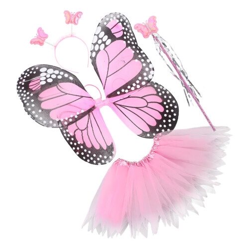 3Sets Schmetterlingskostüm Set Rosa Polyester Flügel Tüllrock 1