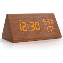 Alarm Clock with Stylish Wood Grain Surface, Temperature Humidity Sensor for Bedroom Office Night Children Bedside Table