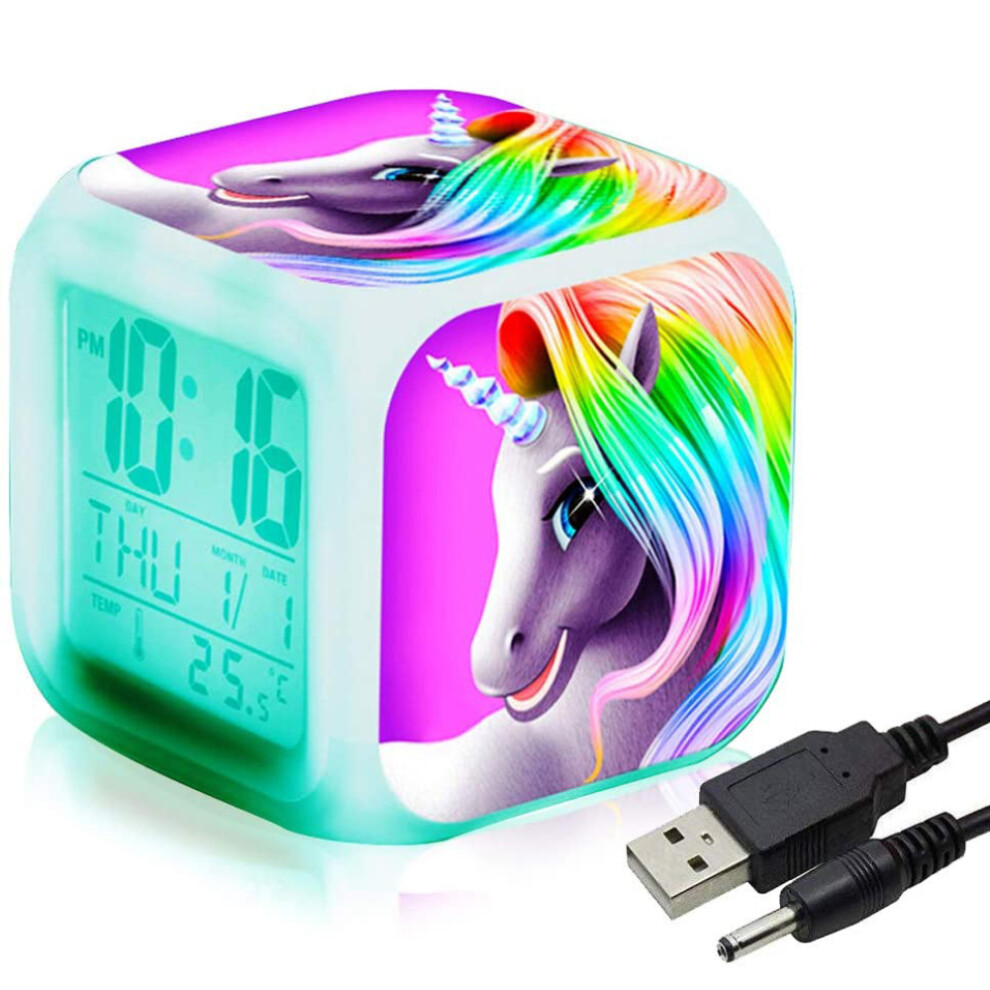 Unicorn Theme Glowing Cube Clock, Quiet Alarm Digital Thermometer Alarm Clock (7 Changing Colors)