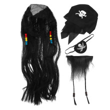 3Conjuntos Peruca E Barba De Pirata Preta Com Tapa- Para Cosplay