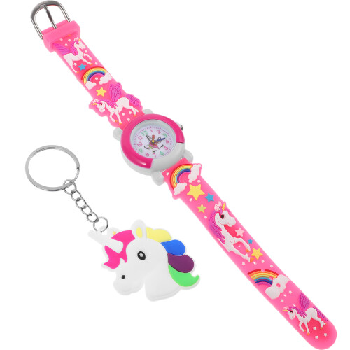 5Sets Draagbaar Kinderhorloge Roze Plastic Met Sleutelhanger Set