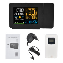 Projectiewekker met weersvoorspellingsfunctie, binnen- en buitenthermometer, luchtvochtigheidsmeter en temperatuurmeter, digitale atoomtijd.