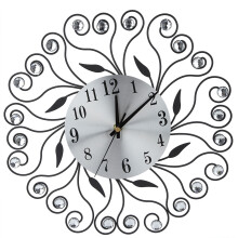 Crystal Studded Wall Clock with 3D Effect Silver Mirror Finish Modern Metal Frame Decor, Digital Time Display Non-Ticking Movement for Bedroom Living