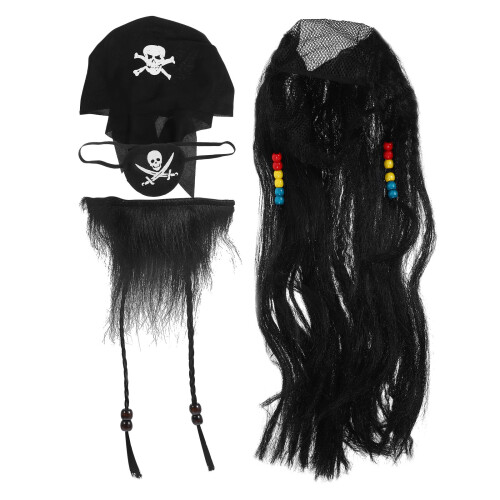 3Ensembles Perruque Pirate Noir Tissu Barbe Et Cache-Œil Cosplay 2
