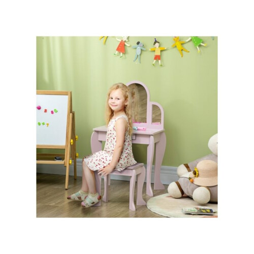 HOMCOM Kids Dressing Table Set, with Mirror and Drawer - Pink 1