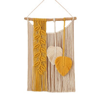 Handmade Woven Art Tassel and Wood Bead Design, Elegant Macrame Tapestry Bohemian Style Leaves Pattern Wall Decor, Home Decoration for Indoor Outdoor